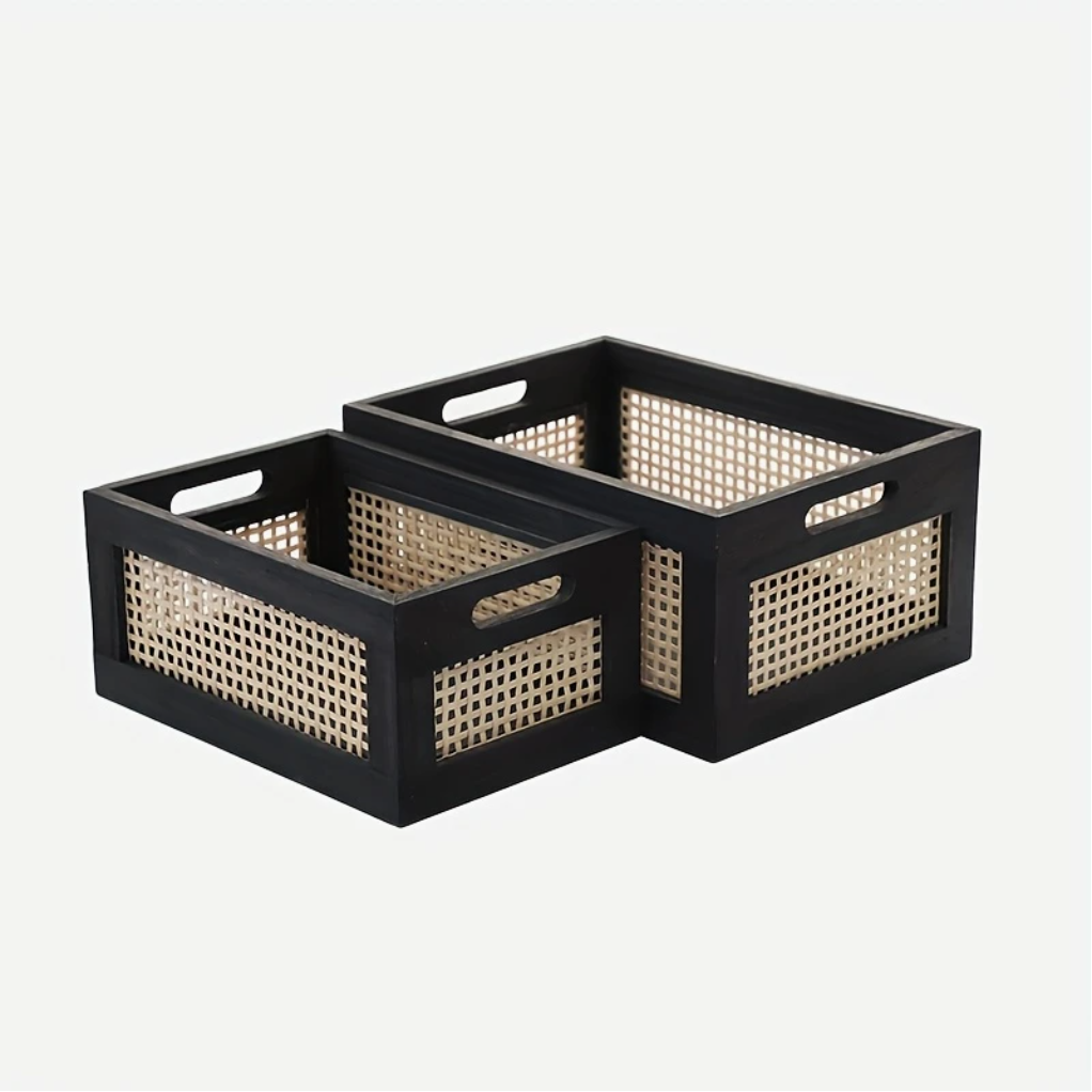 Vintage Style Wood & Bamboo-Weave Storage Baskets
