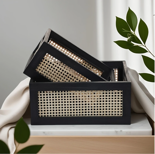 Vintage Style Wood & Bamboo-Weave Storage Baskets